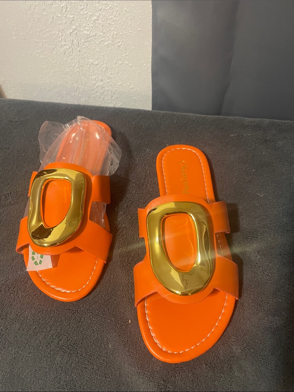 Women’s Orange Slide Sandals with Gold Accent NWOT